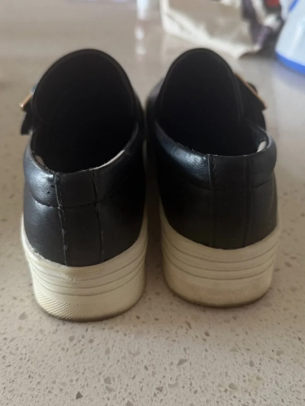 Subill Handmade Black Platform Slip-On Shoes with Gold Buckle Size 7